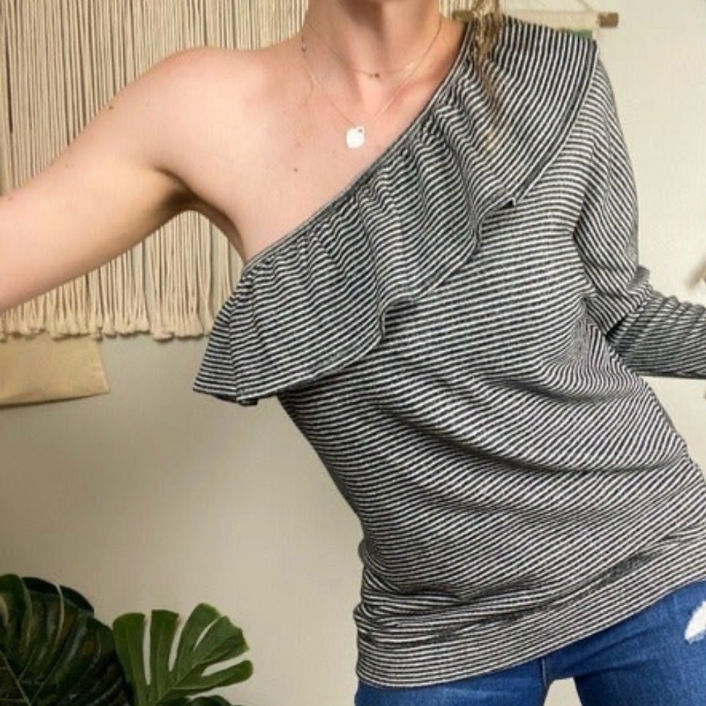 Joie One Shoulder Ruffle Striped Black White Top